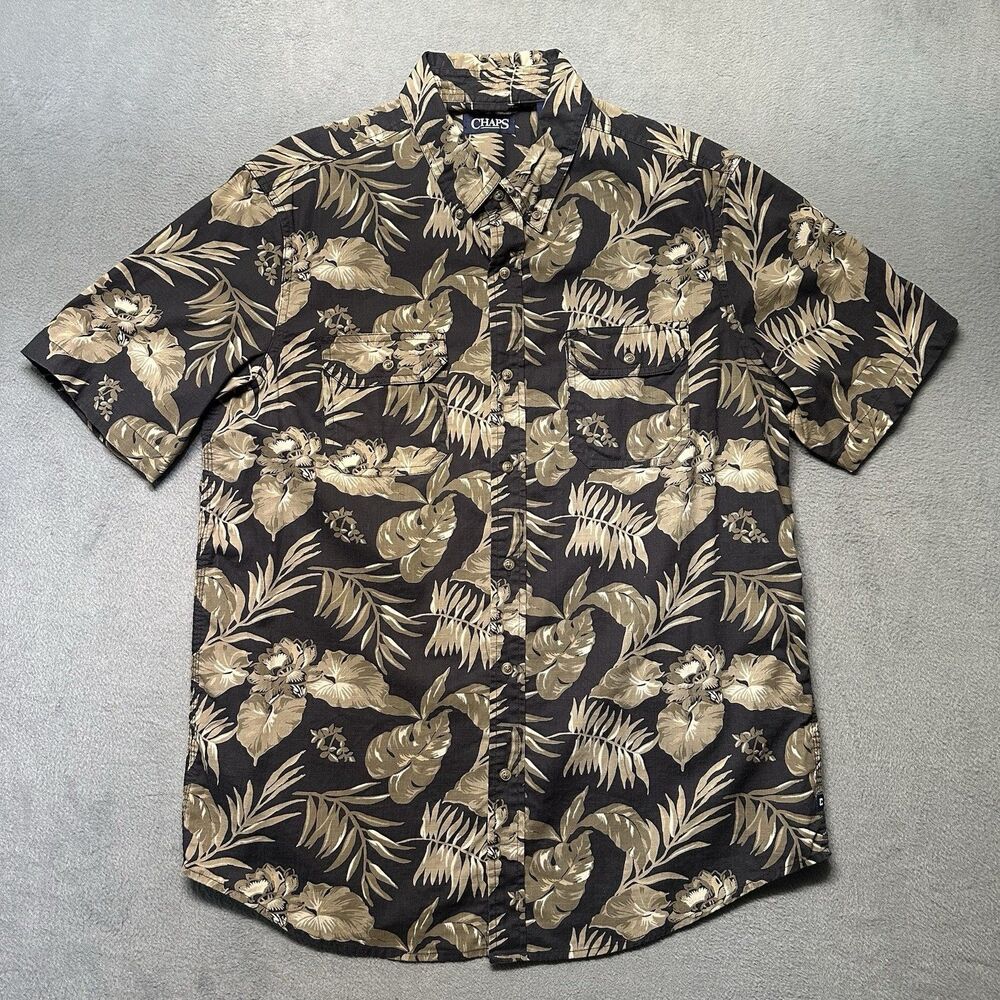 Chaps Mens L Regular Button Down Shirt Short Sleeve Brown Floral Hawaiian EUC